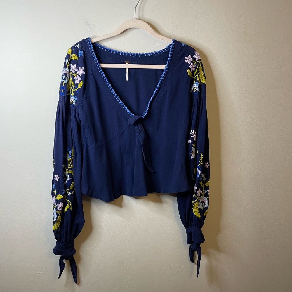 Free People Kara Blue Embroidered Floral Tie Front Long Sleeve Top Boho